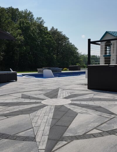 Backyard patio featuring Techo-Bloc Blu60 Grande and custom inlay
